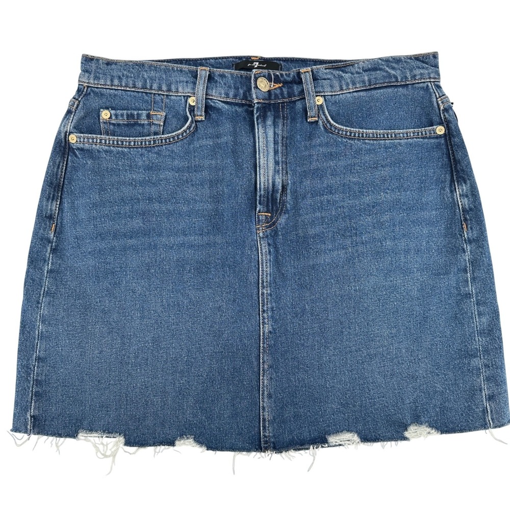 7 For All Mankind Mini Denim Jean Skirt Blue Raw Hem Size 30 Timeless Classic